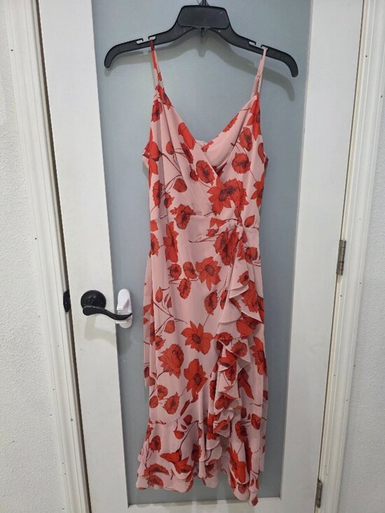 Eliza J Dresses & Skirts - Eliza J Pink Floral Faux Wrap Midi Dress Size 6 Adjustable Straps Double Lined